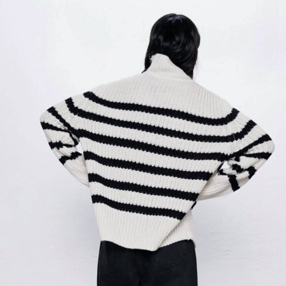 Zara Striped Knit Sweater Button Sleeve White Ecru Black Size Medium - Picture 3 of 8